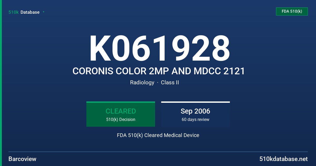 K061928 CORONIS COLOR 2MP AND MDCC 2121 FDA 510(k) Cleared Medical Device