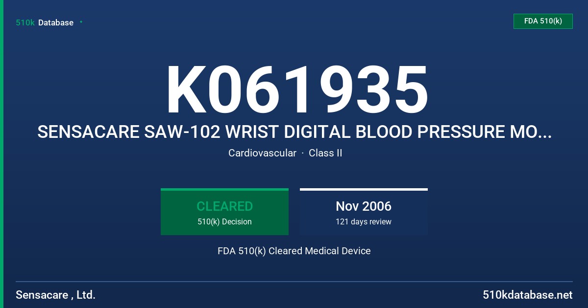 K061935 SENSACARE SAW-102 WRIST DIGITAL BLOOD PRESSURE MONITOR FDA 510(k) Cleared Medical Device