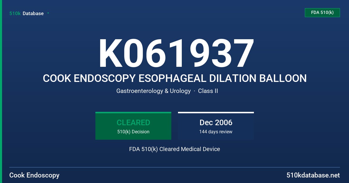 K061937 COOK ENDOSCOPY ESOPHAGEAL DILATION BALLOON FDA 510(k) Cleared Medical Device