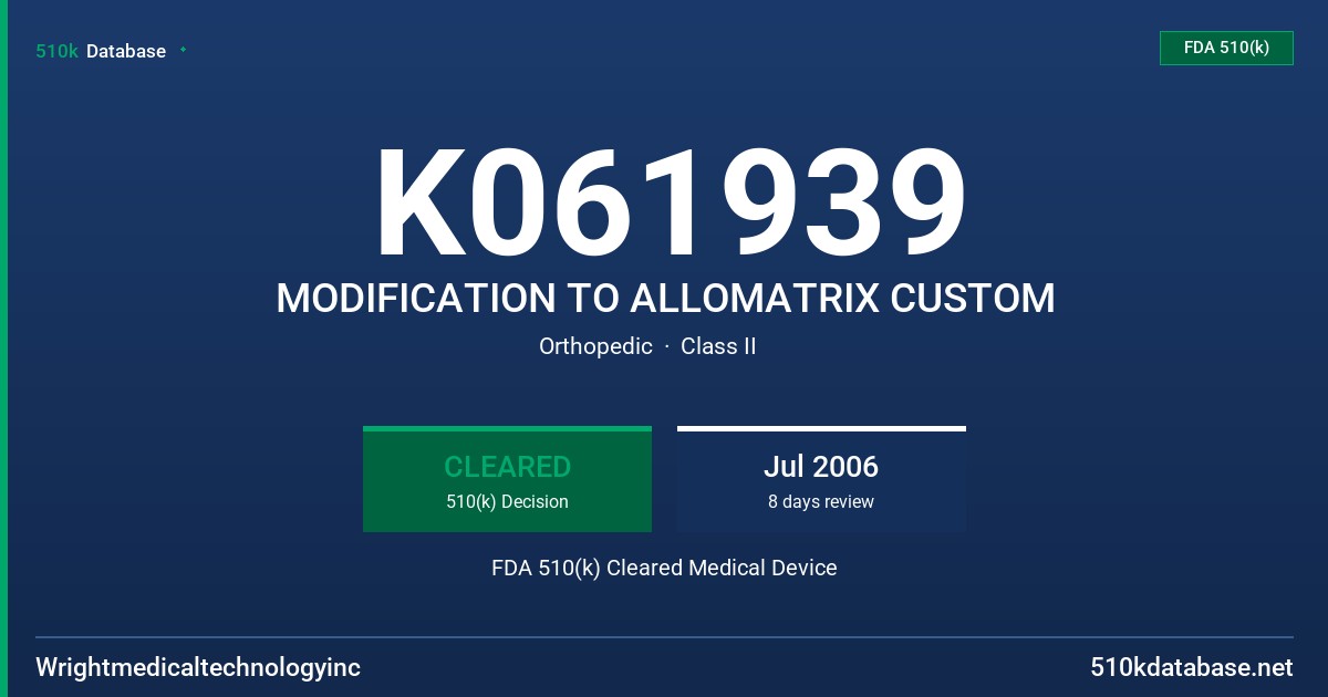K061939 MODIFICATION TO ALLOMATRIX CUSTOM FDA 510(k) Cleared Medical Device