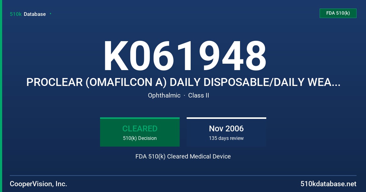 K061948 PROCLEAR (OMAFILCON A) DAILY DISPOSABLE/DAILY WEAR SOFT CONTACT LENS FDA 510(k) Cleared Medical Device