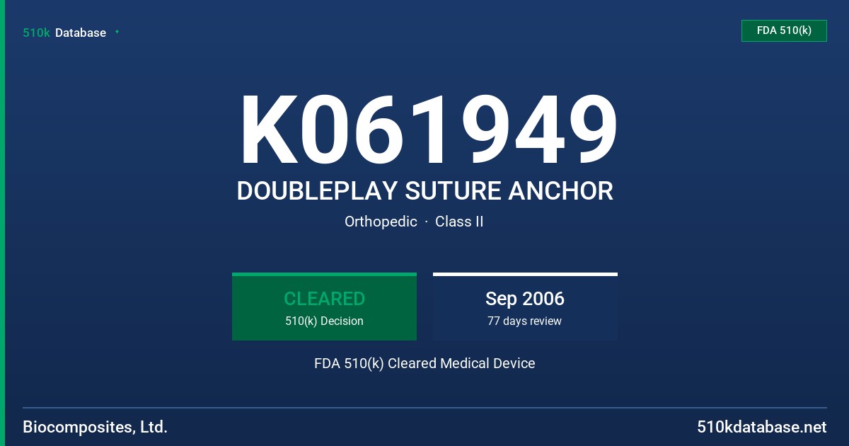 K061949 DOUBLEPLAY SUTURE ANCHOR FDA 510(k) Cleared Medical Device
