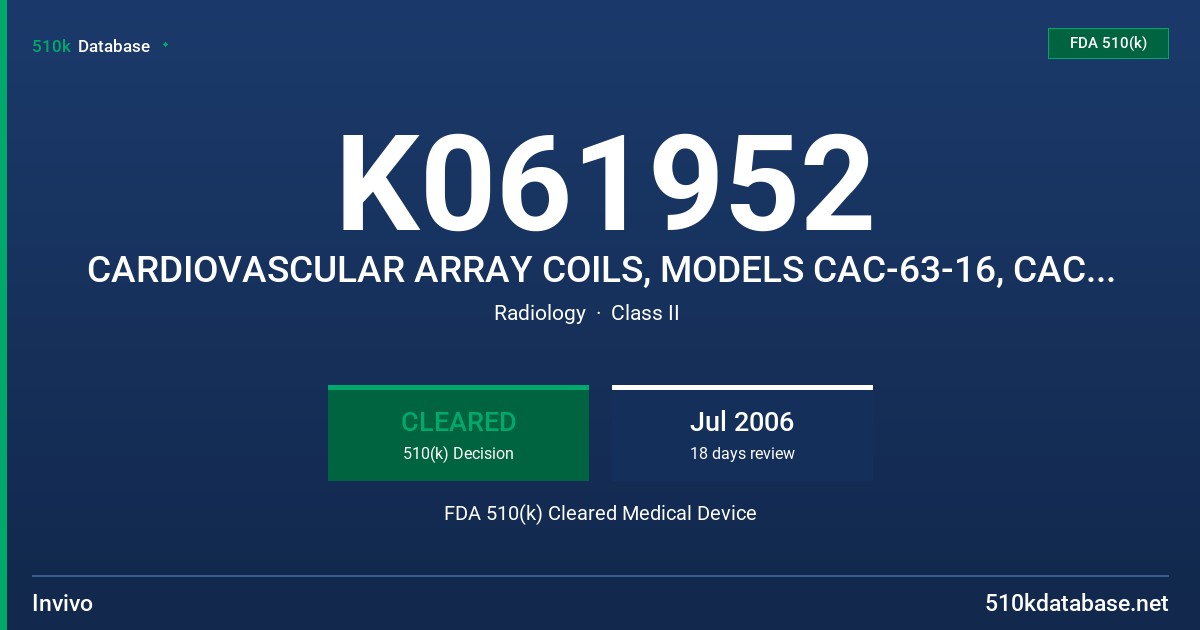 K061952 CARDIOVASCULAR ARRAY COILS, MODELS CAC-63-16, CAC-63-32, CAC-123-32 AND CAC-127-16 FDA 510(k) Cleared Medical Device