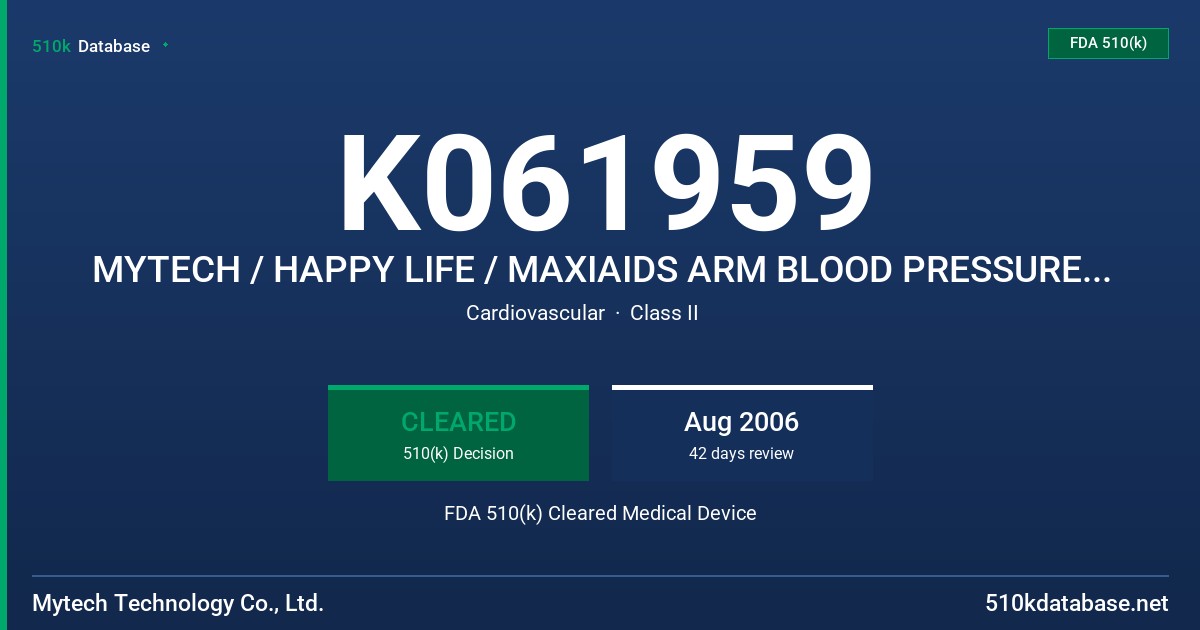 K061959 MYTECH / HAPPY LIFE / MAXIAIDS ARM BLOOD PRESSURE MONITOR, HPL-301, HPL-302, HPL-310, 180310 FDA 510(k) Cleared Medical Device