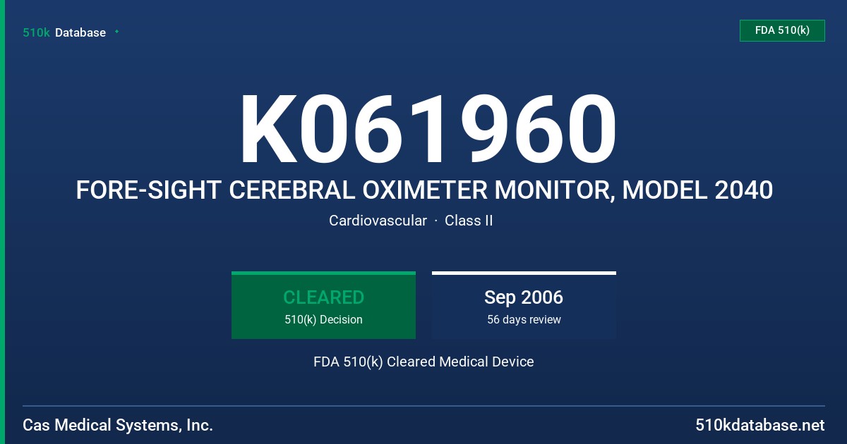 K061960 FORE-SIGHT CEREBRAL OXIMETER MONITOR, MODEL 2040 FDA 510(k) Cleared Medical Device