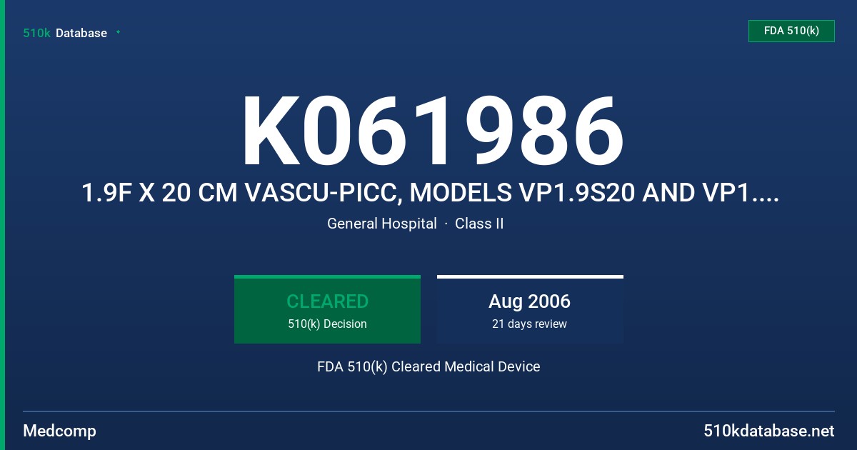 K061986 1.9F X 20 CM VASCU-PICC, MODELS VP1.9S20 AND VP1.9S50 FDA 510(k) Cleared Medical Device