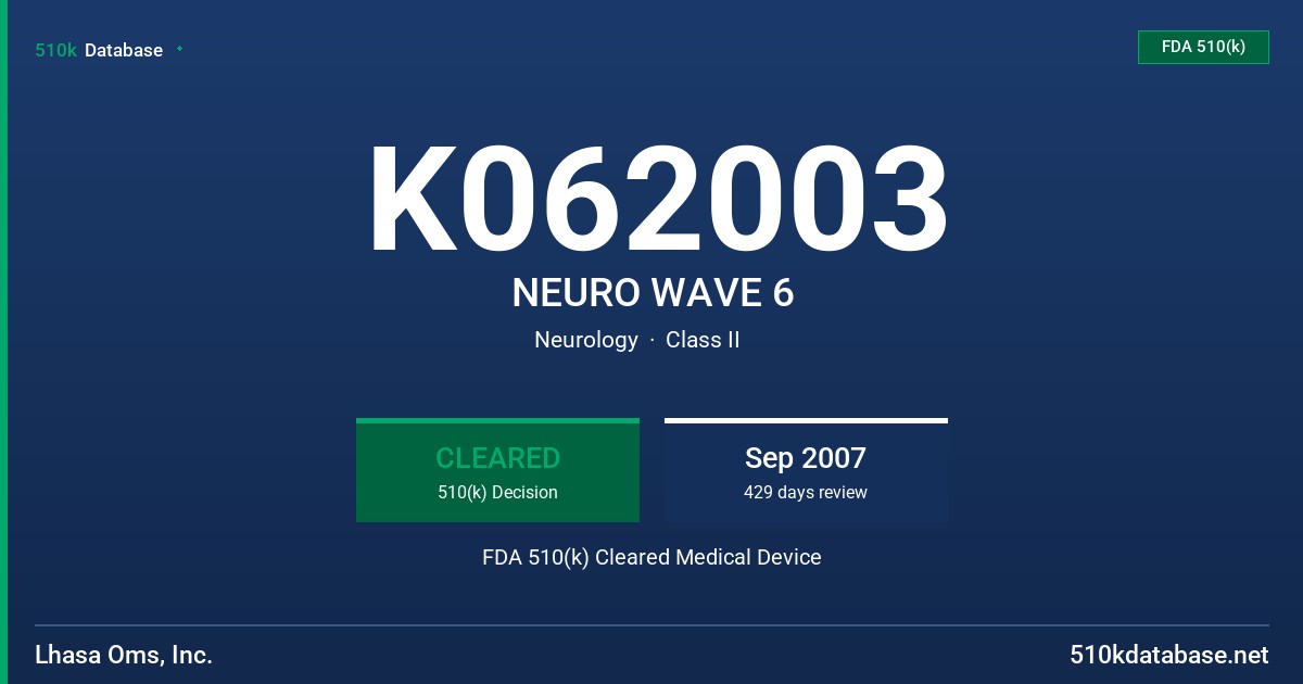 K062003 NEURO WAVE 6 FDA 510(k) Cleared Medical Device
