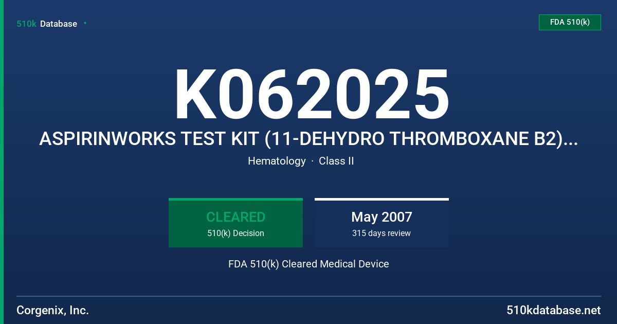 K062025 ASPIRINWORKS TEST KIT (11-DEHYDRO THROMBOXANE B2), MODEL 12136 FDA 510(k) Cleared Medical Device
