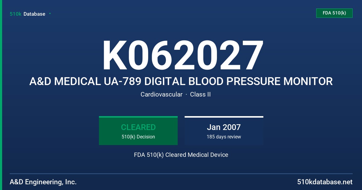 K062027 A&D MEDICAL UA-789 DIGITAL BLOOD PRESSURE MONITOR FDA 510(k) Cleared Medical Device