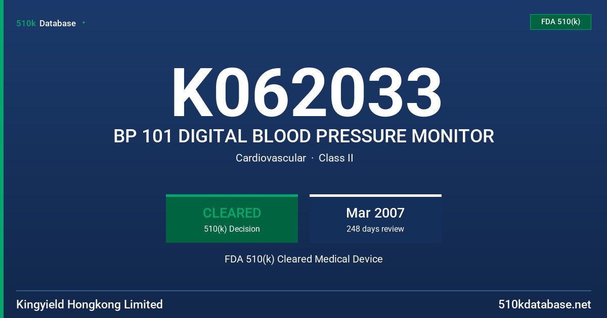 K062033 BP 101 DIGITAL BLOOD PRESSURE MONITOR FDA 510(k) Cleared Medical Device