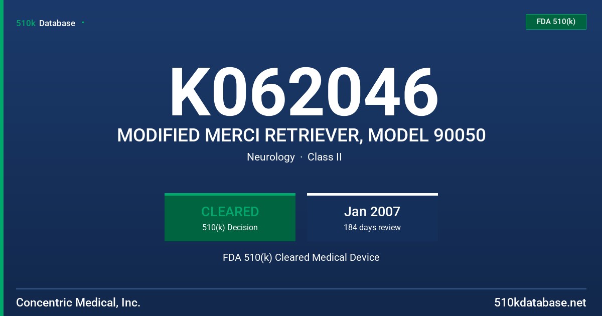 K062046 MODIFIED MERCI RETRIEVER, MODEL 90050 FDA 510(k) Cleared Medical Device