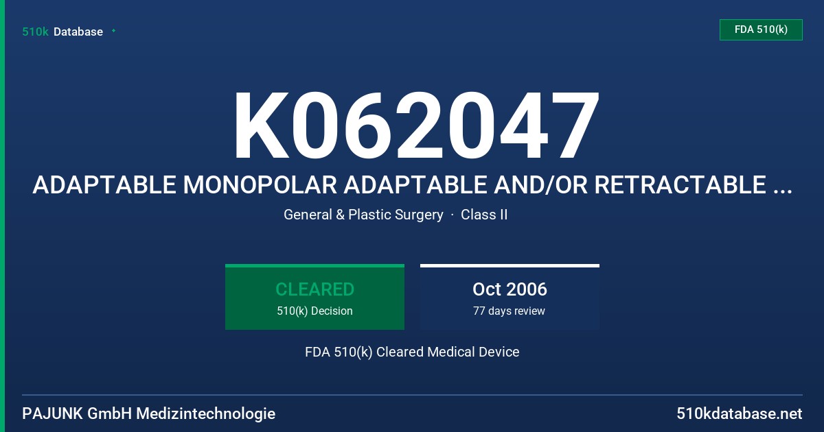 K062047 ADAPTABLE MONOPOLAR ADAPTABLE AND/OR RETRACTABLE ELECTRODES FDA 510(k) Cleared Medical Device