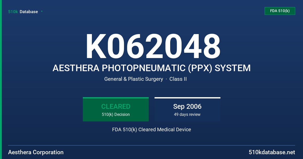 K062048 AESTHERA PHOTOPNEUMATIC (PPX) SYSTEM FDA 510(k) Cleared Medical Device