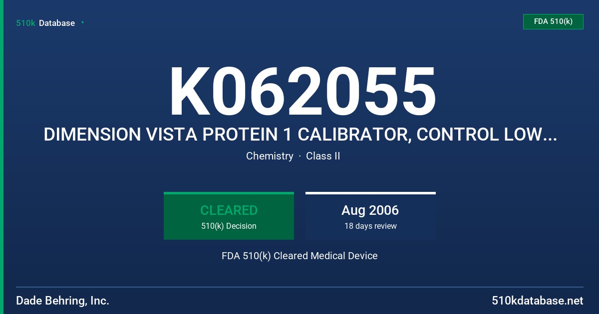 K062055 DIMENSION VISTA PROTEIN 1 CALIBRATOR, CONTROL LOW, CONTROL MEDIUM, CONTROL HIGH FDA 510(k) Cleared Medical Device