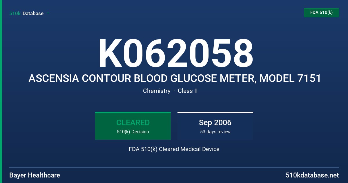 K062058 ASCENSIA CONTOUR BLOOD GLUCOSE METER, MODEL 7151 FDA 510(k) Cleared Medical Device