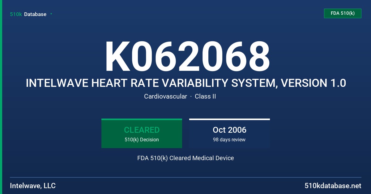 K062068 INTELWAVE HEART RATE VARIABILITY SYSTEM, VERSION 1.0 FDA 510(k) Cleared Medical Device