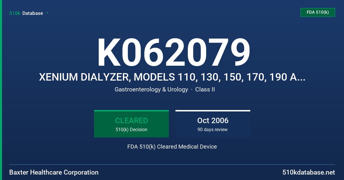 K062079 XENIUM DIALYZER, MODELS 110, 130, 150, 170, 190 AND 210 FDA 510(k) Cleared Medical Device