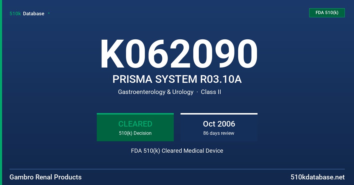 K062090 PRISMA SYSTEM R03.10A FDA 510(k) Cleared Medical Device