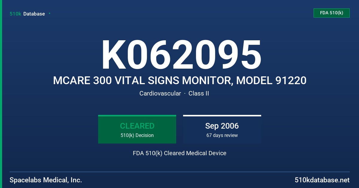 K062095 MCARE 300 VITAL SIGNS MONITOR, MODEL 91220 FDA 510(k) Cleared Medical Device