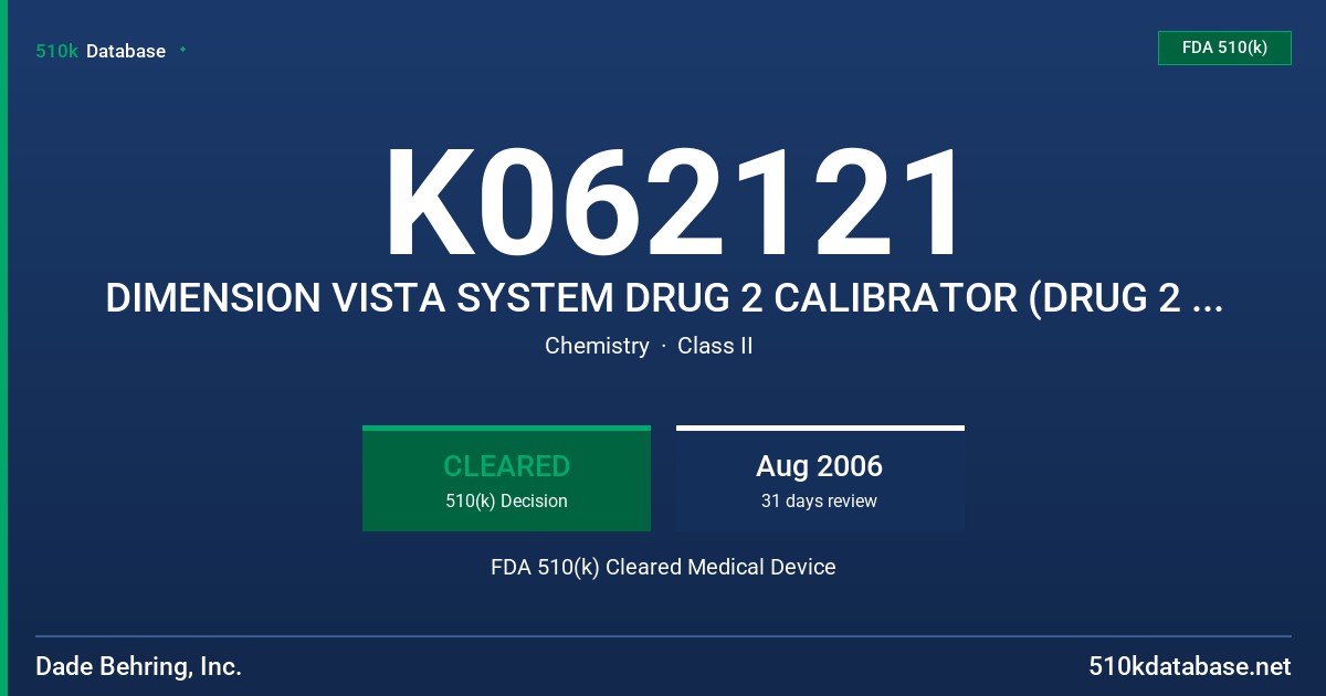 K062121 DIMENSION VISTA SYSTEM DRUG 2 CALIBRATOR (DRUG 2 CAL - KC420) FDA 510(k) Cleared Medical Device