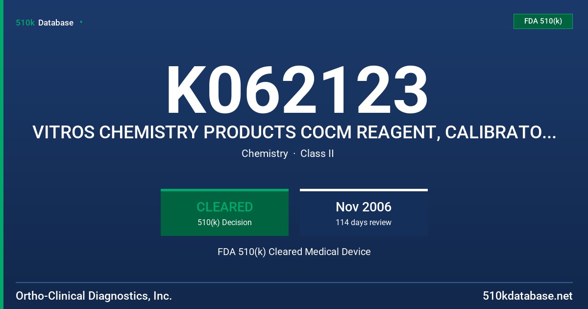 K062123 VITROS CHEMISTRY PRODUCTS COCM REAGENT, CALIBRATOR KIT 26, FS CALIBRATOR 1 AND DAT PERFORMANCE VERIFIERS I, II, III, IV FDA 510(k) Cleared Medical Device