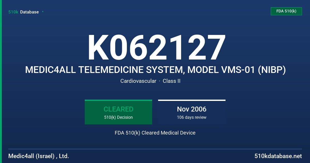 K062127 MEDIC4ALL TELEMEDICINE SYSTEM, MODEL VMS-01 (NIBP) FDA 510(k) Cleared Medical Device