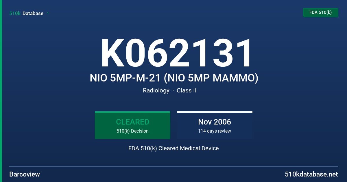 K062131 NIO 5MP-M-21 (NIO 5MP MAMMO) FDA 510(k) Cleared Medical Device