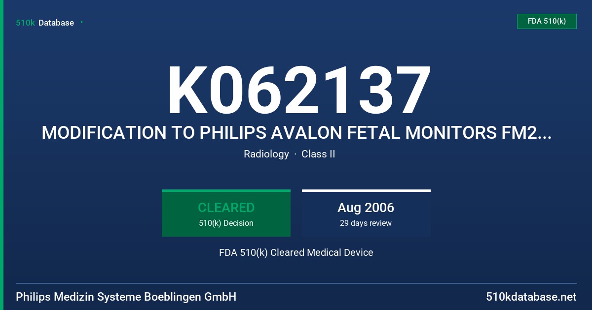 K062137 MODIFICATION TO PHILIPS AVALON FETAL MONITORS FM20 AND FM30 FDA 510(k) Cleared Medical Device