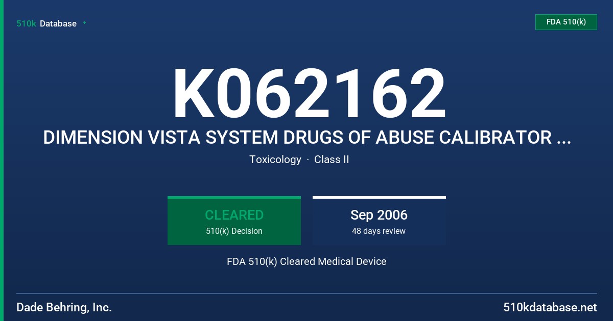 K062162 DIMENSION VISTA SYSTEM DRUGS OF ABUSE CALIBRATOR (UDAT CAL - KC510) FDA 510(k) Cleared Medical Device