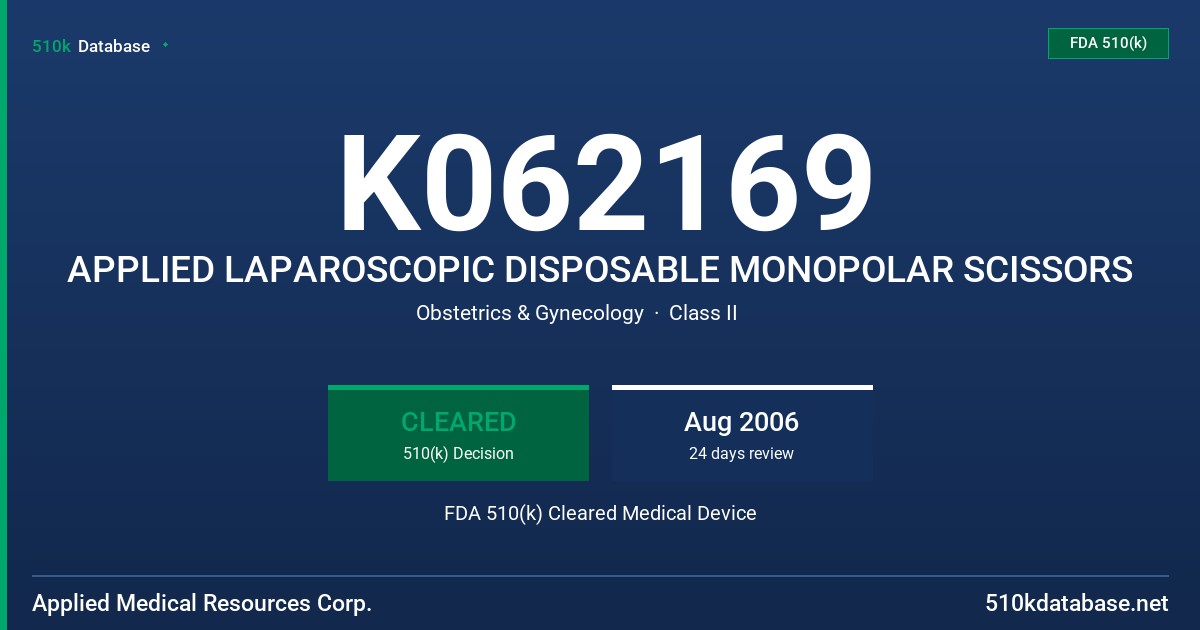 K062169 APPLIED LAPAROSCOPIC DISPOSABLE MONOPOLAR SCISSORS FDA 510(k) Cleared Medical Device