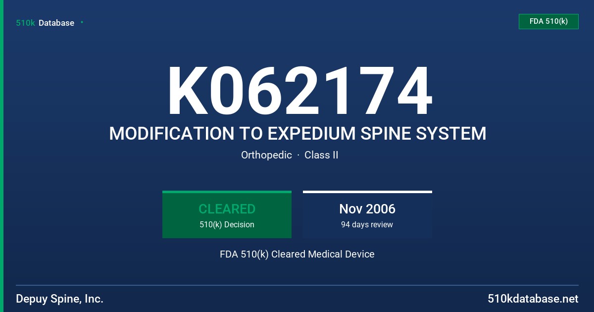 K062174 MODIFICATION TO EXPEDIUM SPINE SYSTEM FDA 510(k) Cleared Medical Device