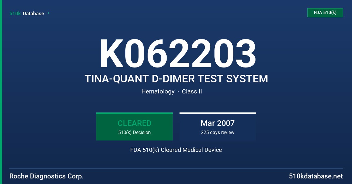 K062203 TINA-QUANT D-DIMER TEST SYSTEM FDA 510(k) Cleared Medical Device