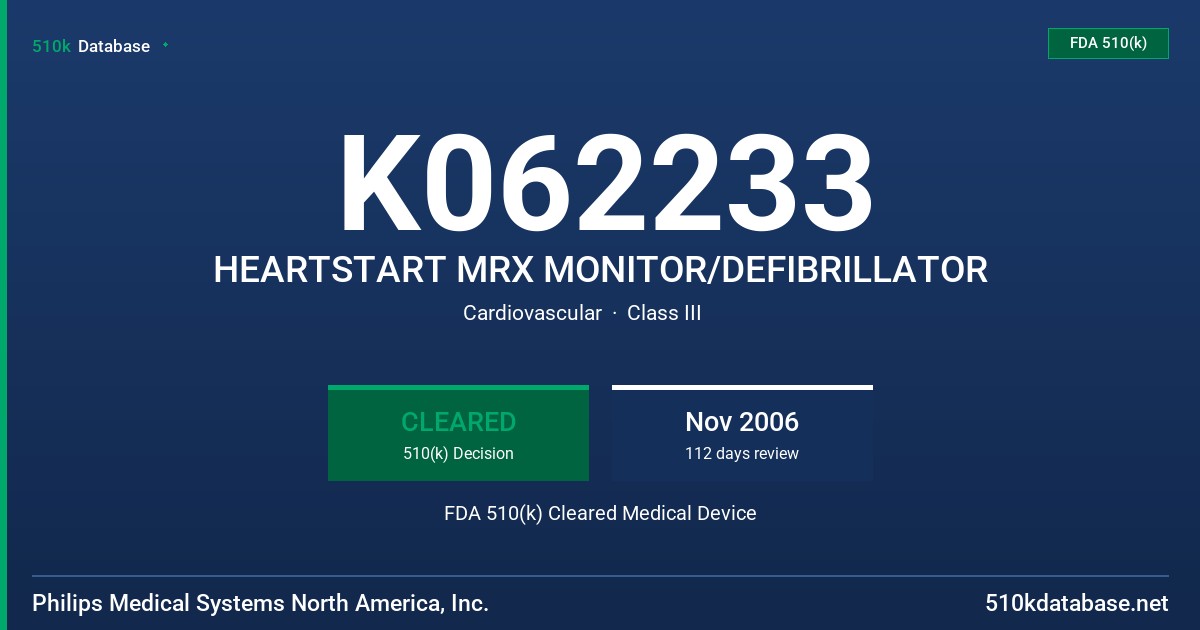 K062233 HEARTSTART MRX MONITOR/DEFIBRILLATOR FDA 510(k) Cleared Medical Device
