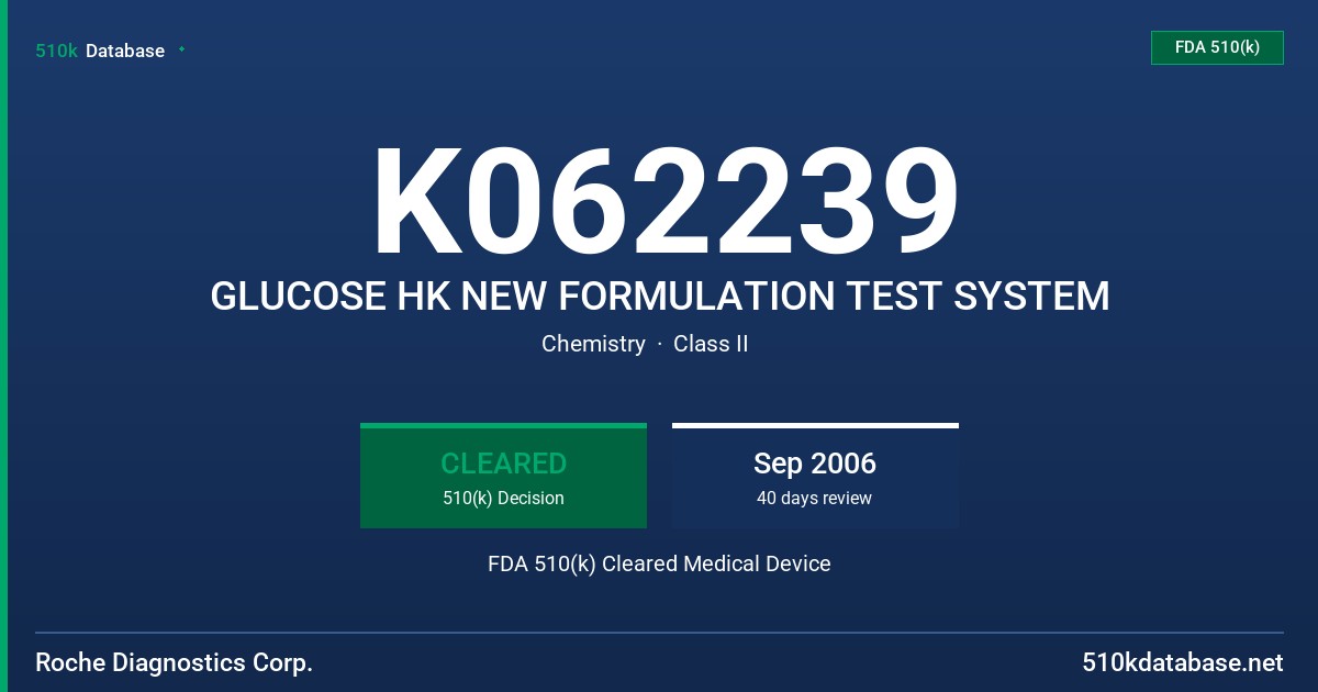 K062239 GLUCOSE HK NEW FORMULATION TEST SYSTEM FDA 510(k) Cleared Medical Device