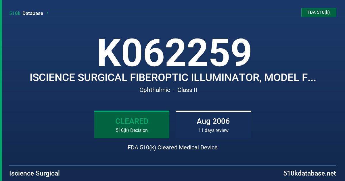 K062259 ISCIENCE SURGICAL FIBEROPTIC ILLUMINATOR, MODEL FI - 100 FDA 510(k) Cleared Medical Device