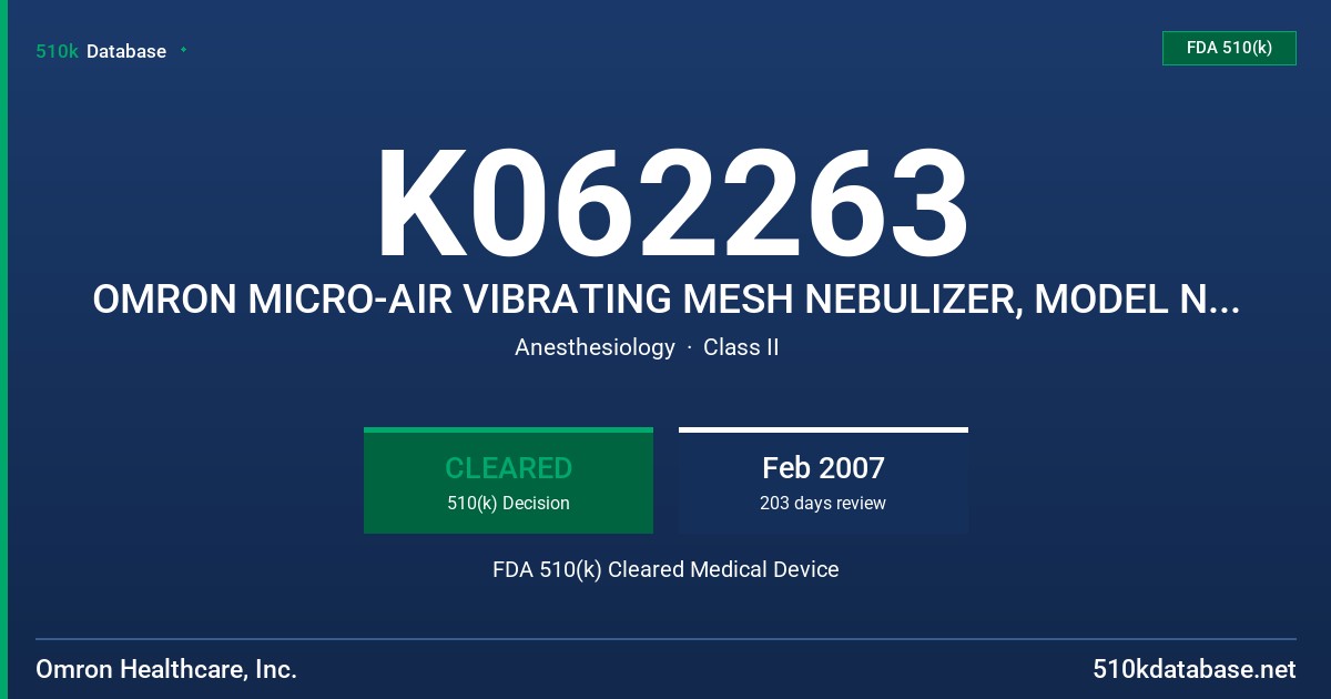 K062263 OMRON MICRO-AIR VIBRATING MESH NEBULIZER, MODEL NE-U22 FDA 510(k) Cleared Medical Device