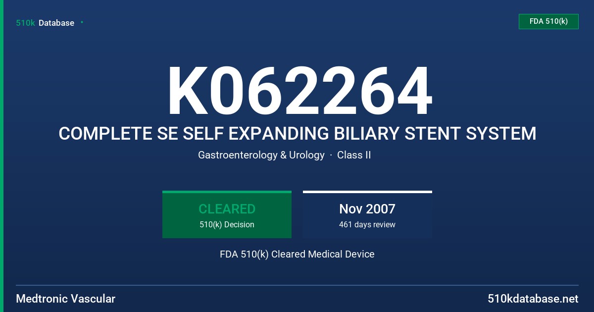 K062264 COMPLETE SE SELF EXPANDING BILIARY STENT SYSTEM FDA 510(k) Cleared Medical Device
