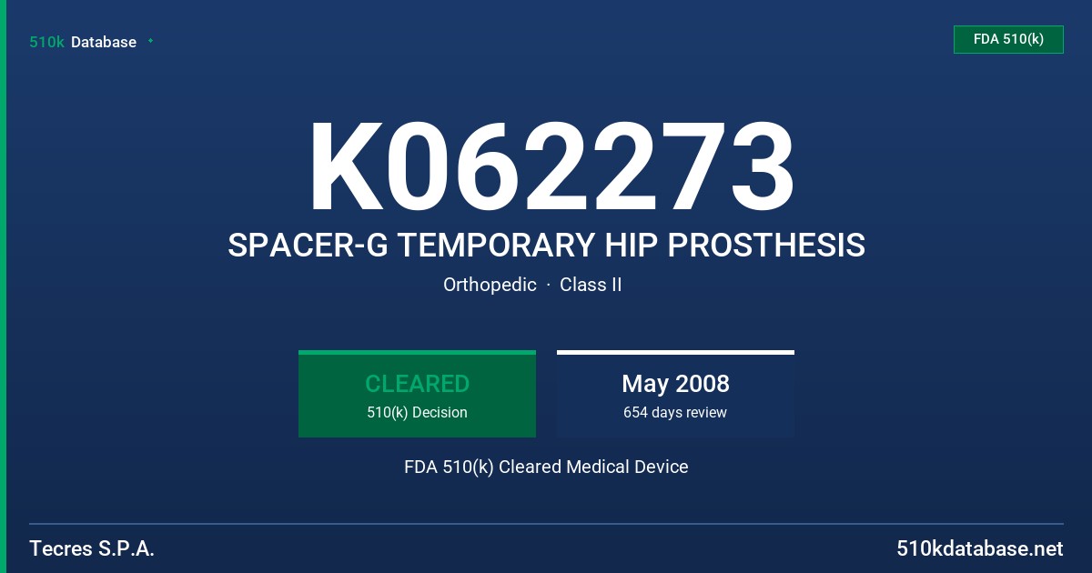 K062273 SPACER-G TEMPORARY HIP PROSTHESIS FDA 510(k) Cleared Medical Device