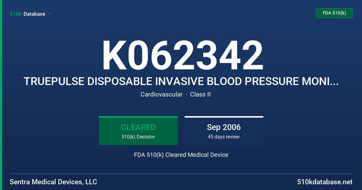 K062342 TRUEPULSE DISPOSABLE INVASIVE BLOOD PRESSURE MONITORING KIT FDA 510(k) Cleared Medical Device