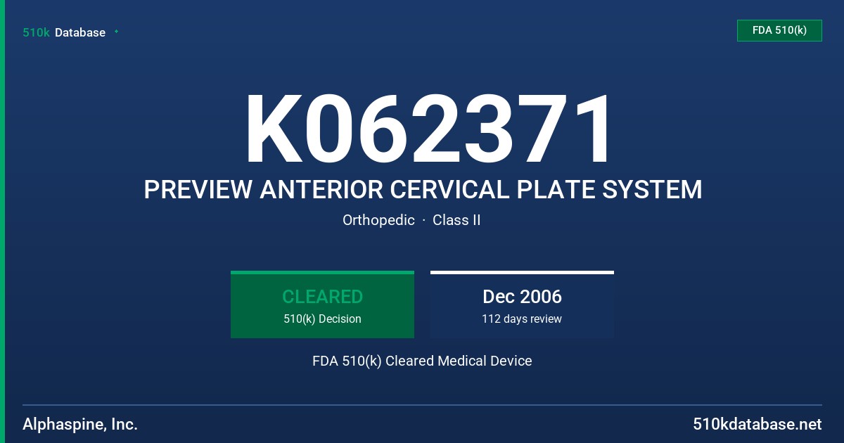 K062371 PREVIEW ANTERIOR CERVICAL PLATE SYSTEM FDA 510(k) Cleared Medical Device