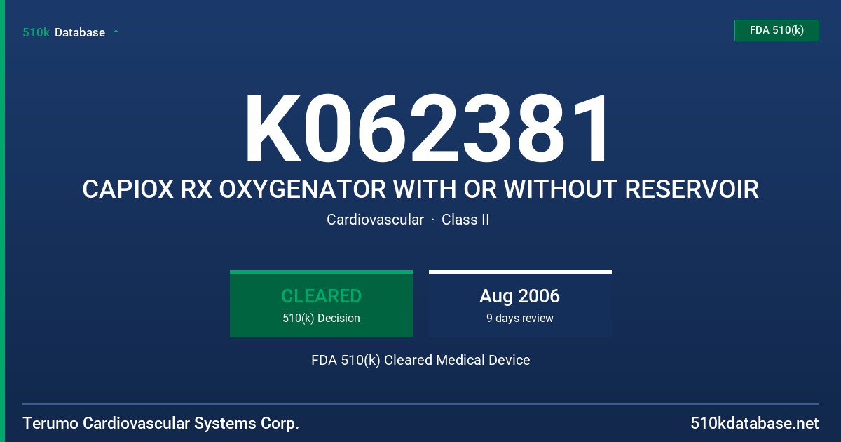 K062381 CAPIOX RX OXYGENATOR WITH OR WITHOUT RESERVOIR FDA 510(k) Cleared Medical Device