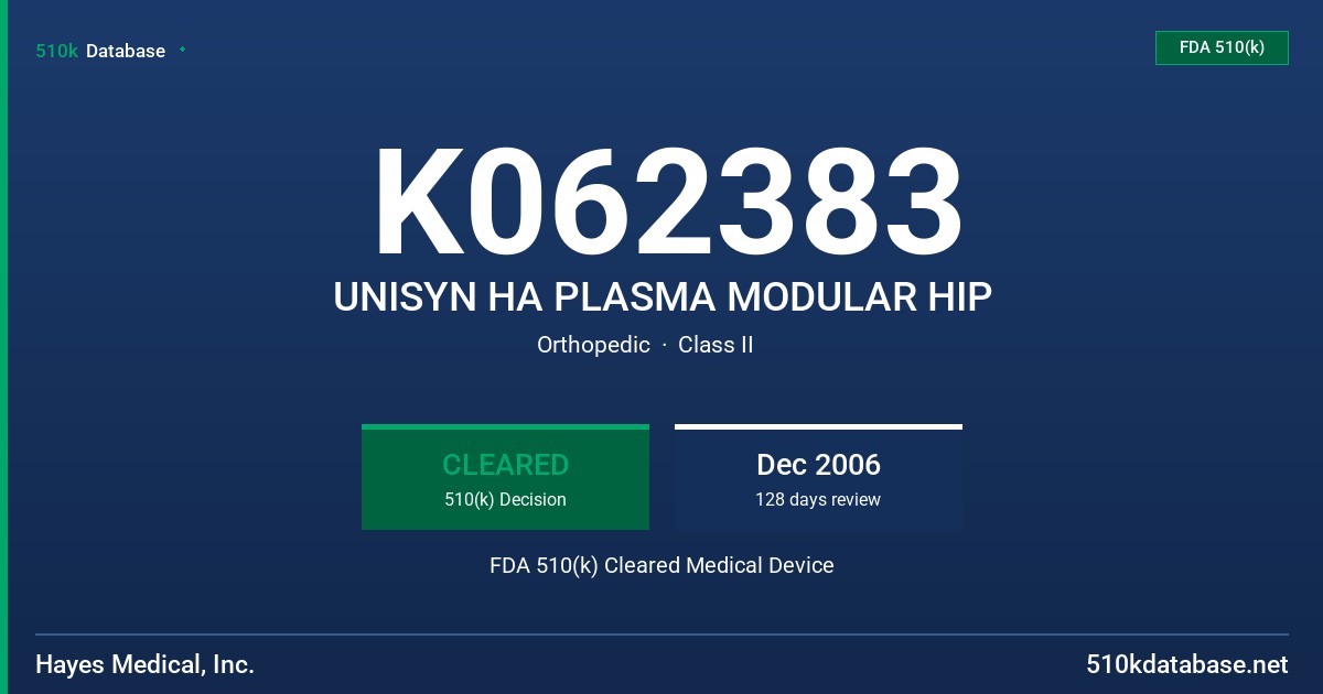 K062383 UNISYN HA PLASMA MODULAR HIP FDA 510(k) Cleared Medical Device