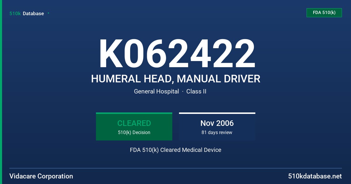 K062422 HUMERAL HEAD, MANUAL DRIVER FDA 510(k) Cleared Medical Device