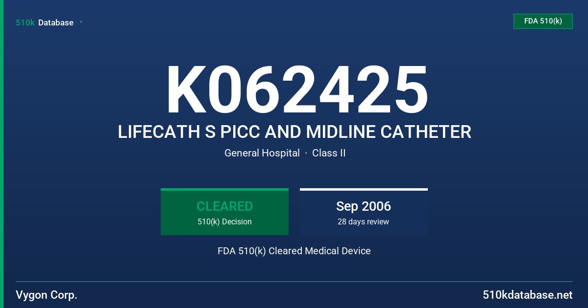 K062425 LIFECATH S PICC AND MIDLINE CATHETER FDA 510(k) Cleared Medical Device