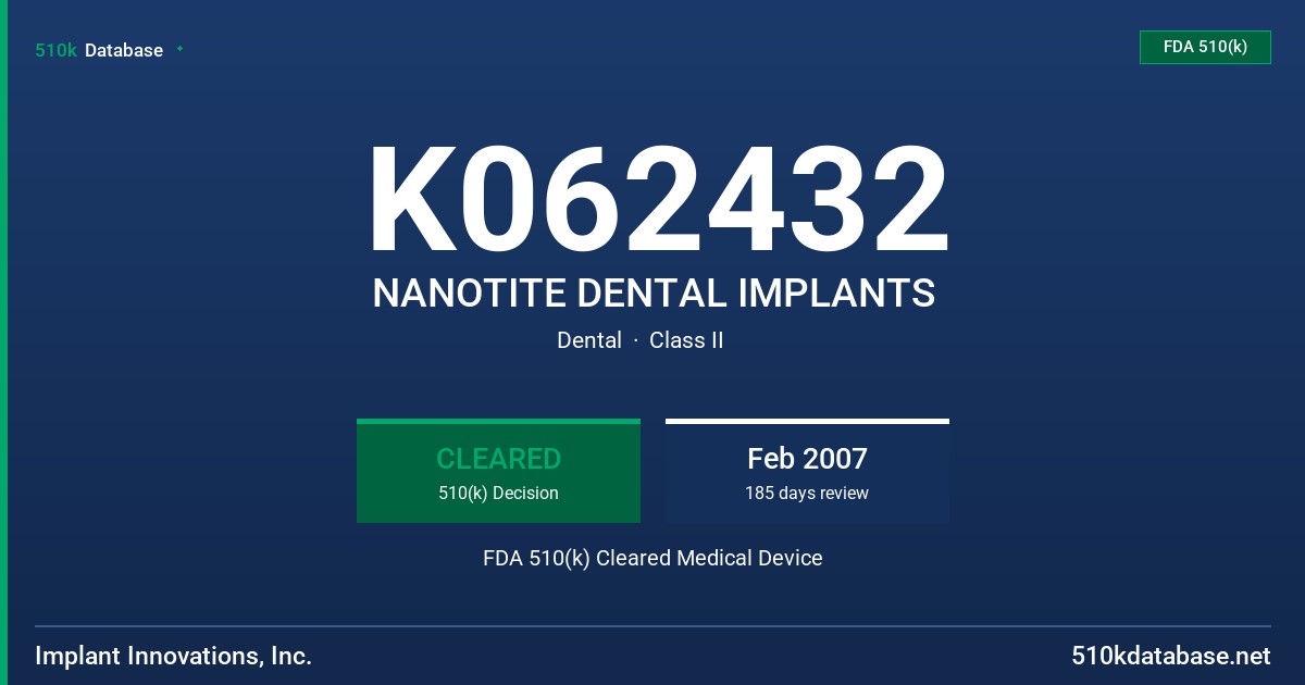 K062432 NANOTITE DENTAL IMPLANTS FDA 510(k) Cleared Medical Device