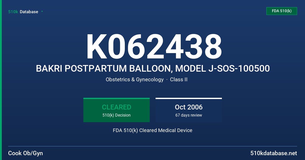 K062438 BAKRI POSTPARTUM BALLOON, MODEL J-SOS-100500 FDA 510(k) Cleared Medical Device