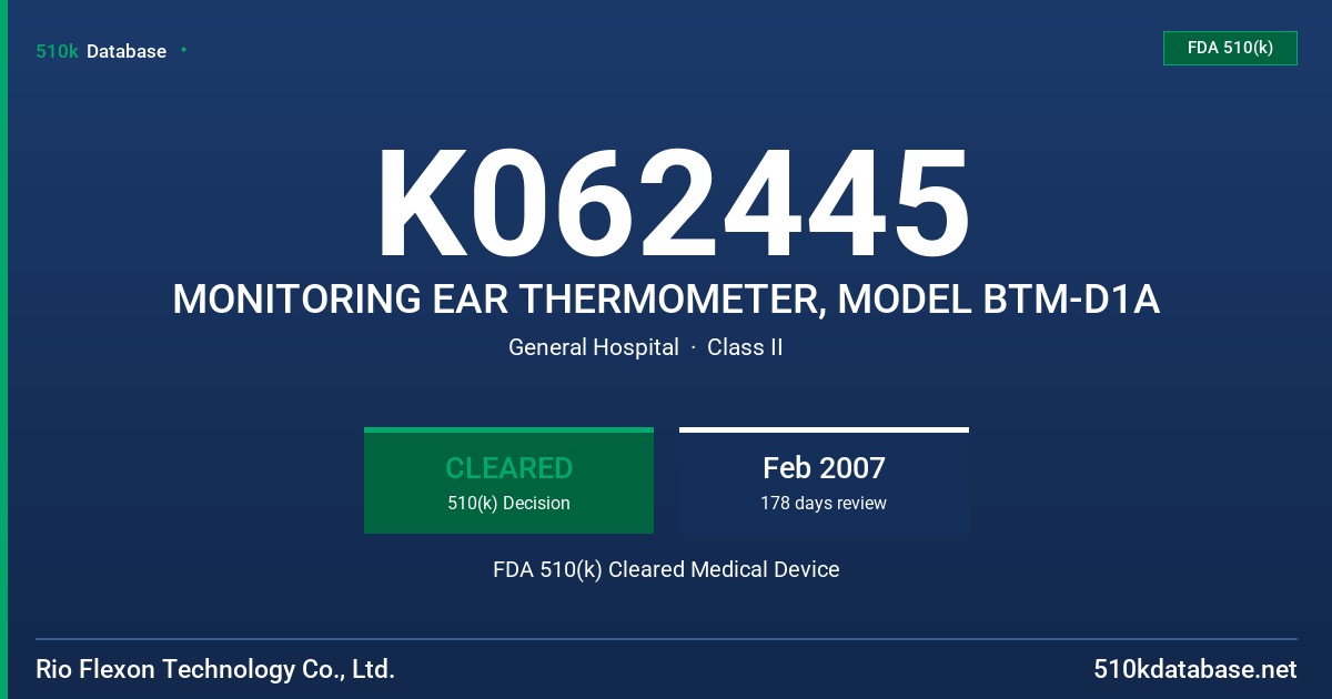 K062445 MONITORING EAR THERMOMETER, MODEL BTM-D1A FDA 510(k) Cleared Medical Device