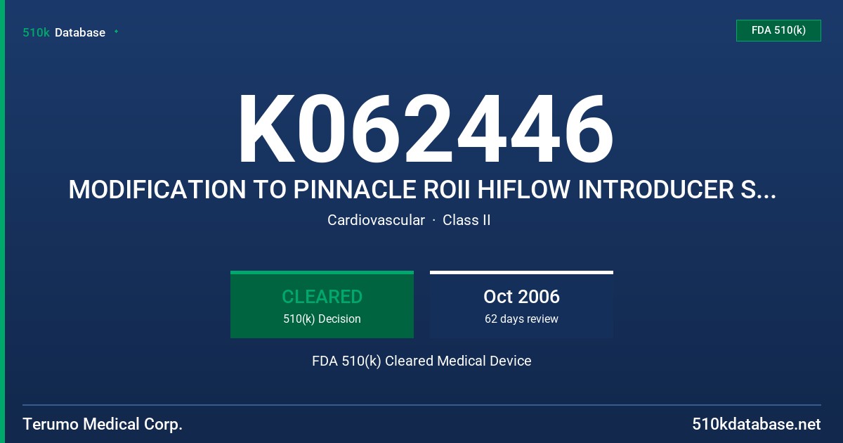 K062446 MODIFICATION TO PINNACLE ROII HIFLOW INTRODUCER SHEATH FDA 510(k) Cleared Medical Device