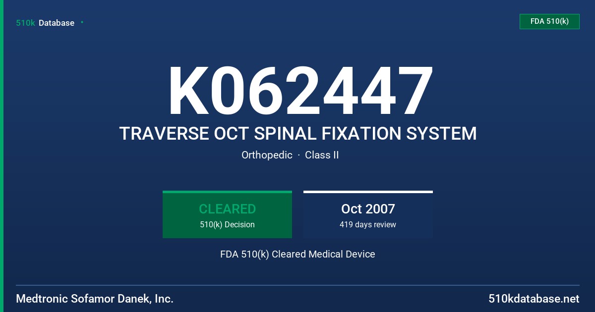 K062447 TRAVERSE OCT SPINAL FIXATION SYSTEM FDA 510(k) Cleared Medical Device
