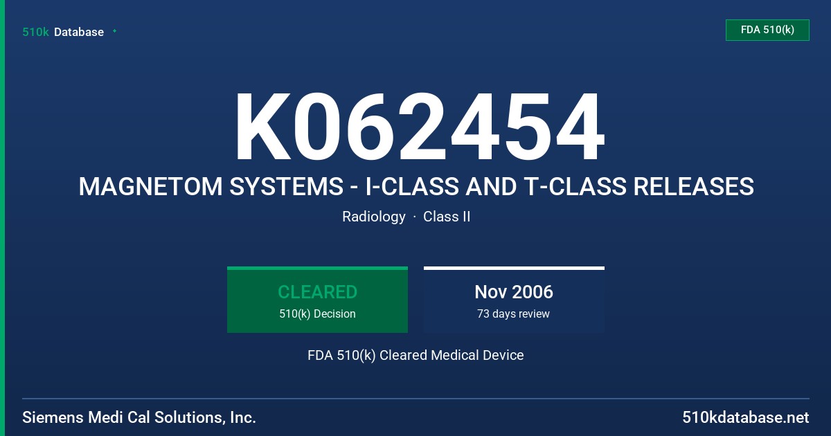 K062454 MAGNETOM SYSTEMS - I-CLASS AND T-CLASS RELEASES FDA 510(k) Cleared Medical Device